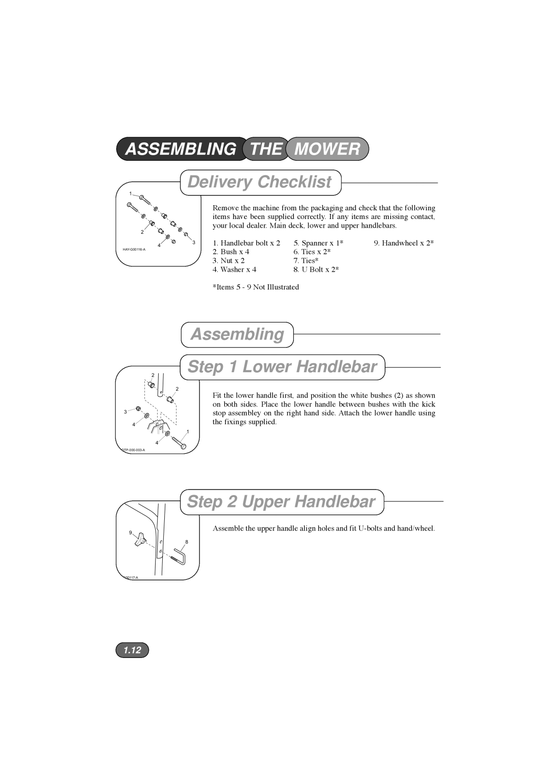 Hayter Mowers 185E XR16, 184E XR44 Assembling the Mower, Delivery Checklist, Assembling Lower Handlebar, Upper Handlebar 