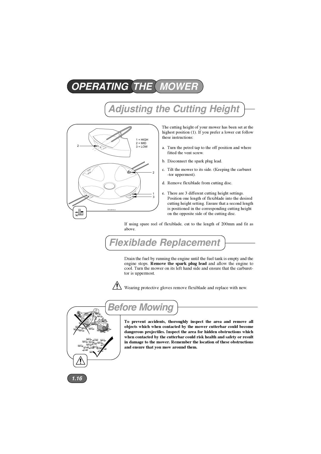 Hayter Mowers 185E XR16, 184E XR44 manual Adjusting the Cutting Height, Flexiblade Replacement, Before Mowing 