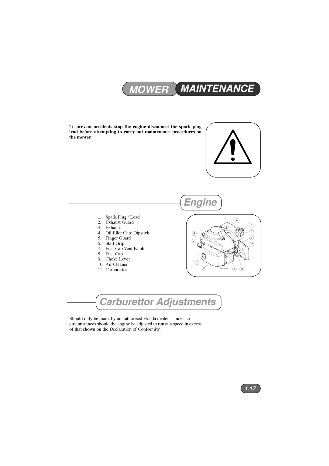 Hayter Mowers 184E XR44, 185E XR16 manual Mower Maintenance, Engine, Carburettor Adjustments 