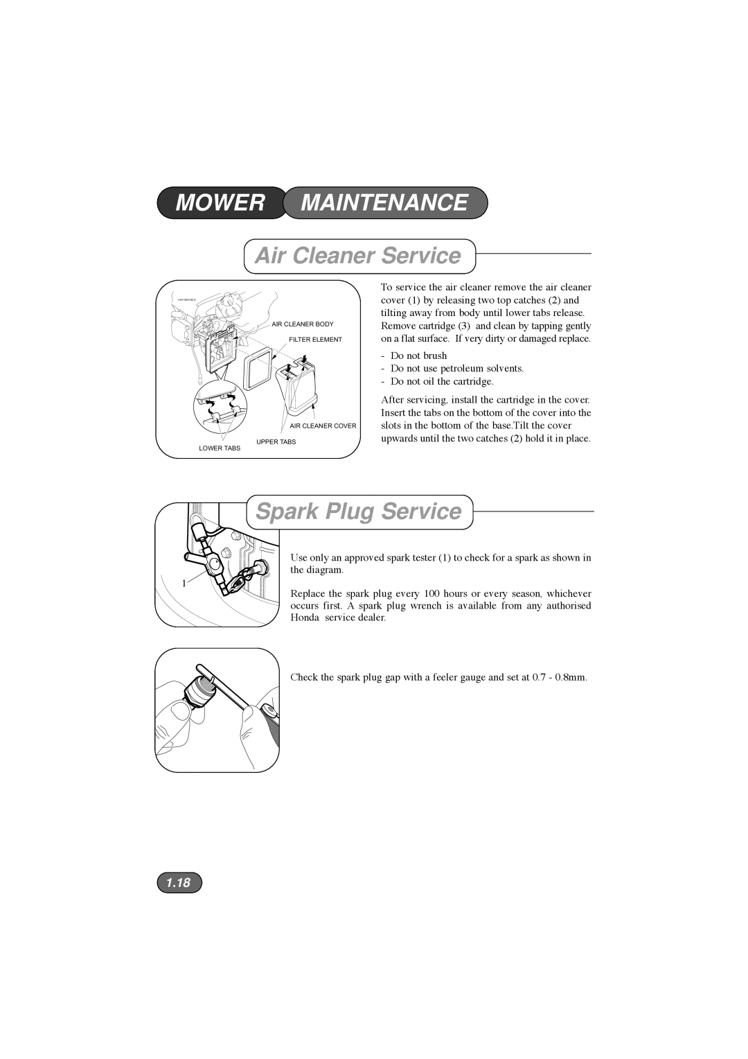 Hayter Mowers 185E XR16, 184E XR44 manual Air Cleaner Service, Spark Plug Service 