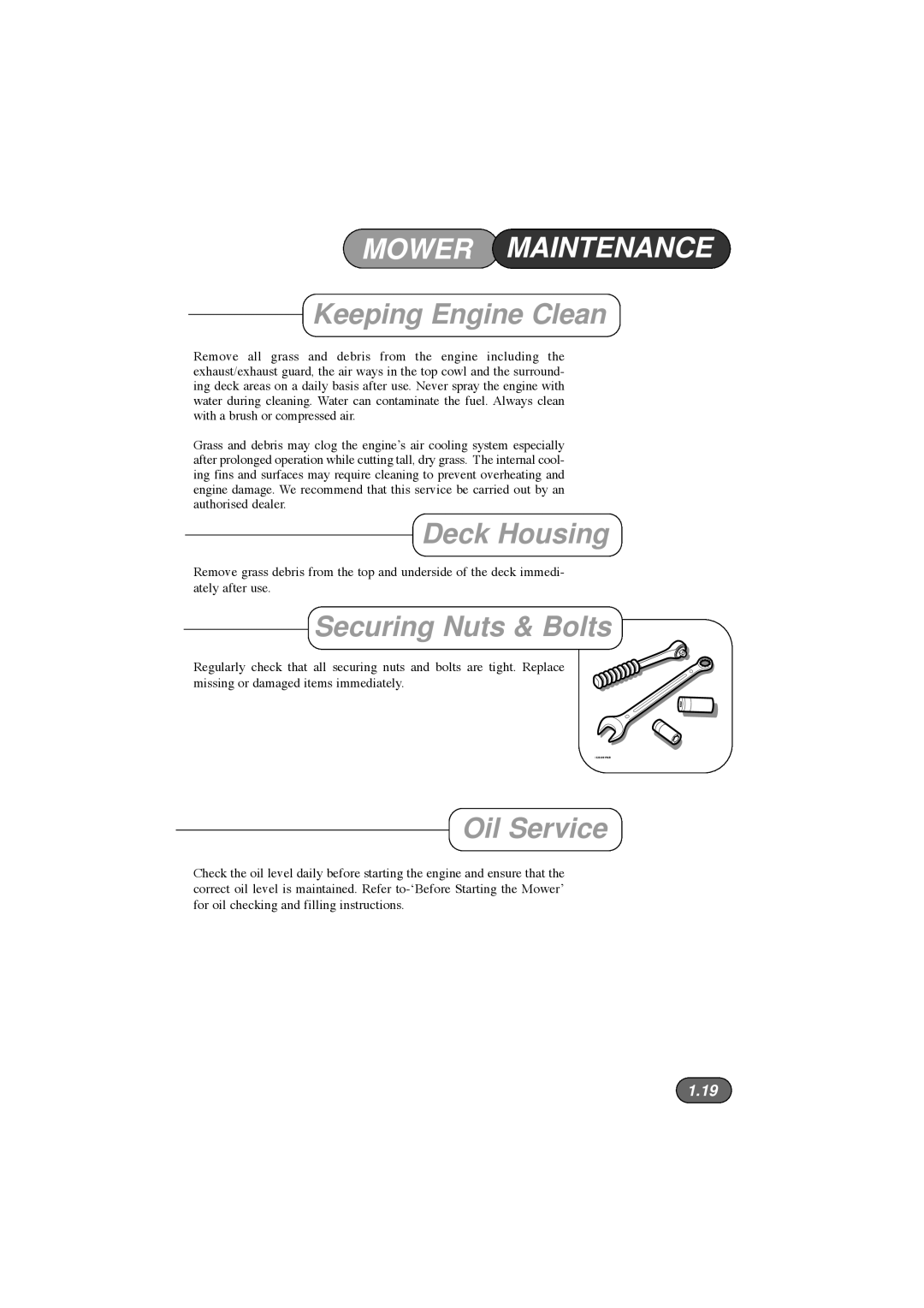 Hayter Mowers 184E XR44, 185E XR16 manual Keeping Engine Clean, Deck Housing, Securing Nuts & Bolts, Oil Service 