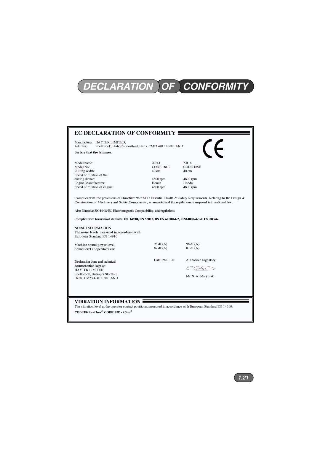 Hayter Mowers 184E XR44, 185E XR16 manual EC Declaration of Conformity 