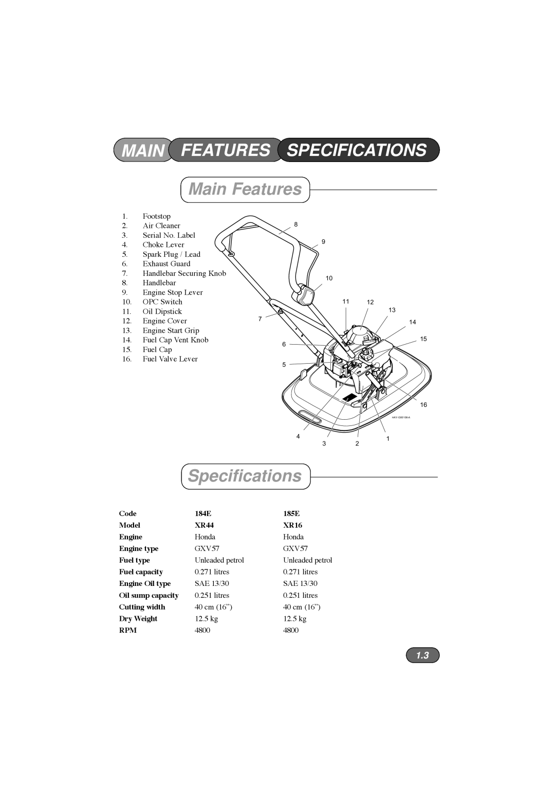 Hayter Mowers 184E XR44, 185E XR16 manual Main Features Specifications 