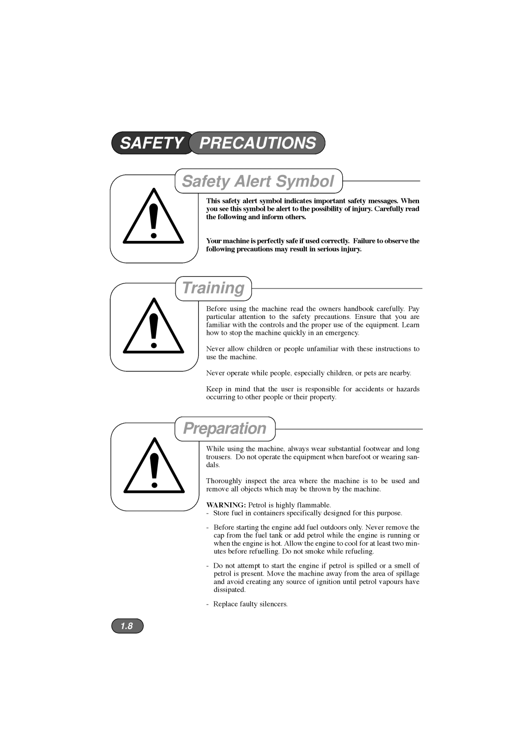 Hayter Mowers 185E XR16, 184E XR44 manual Safety Precautions, Safety Alert Symbol, Training, Preparation 