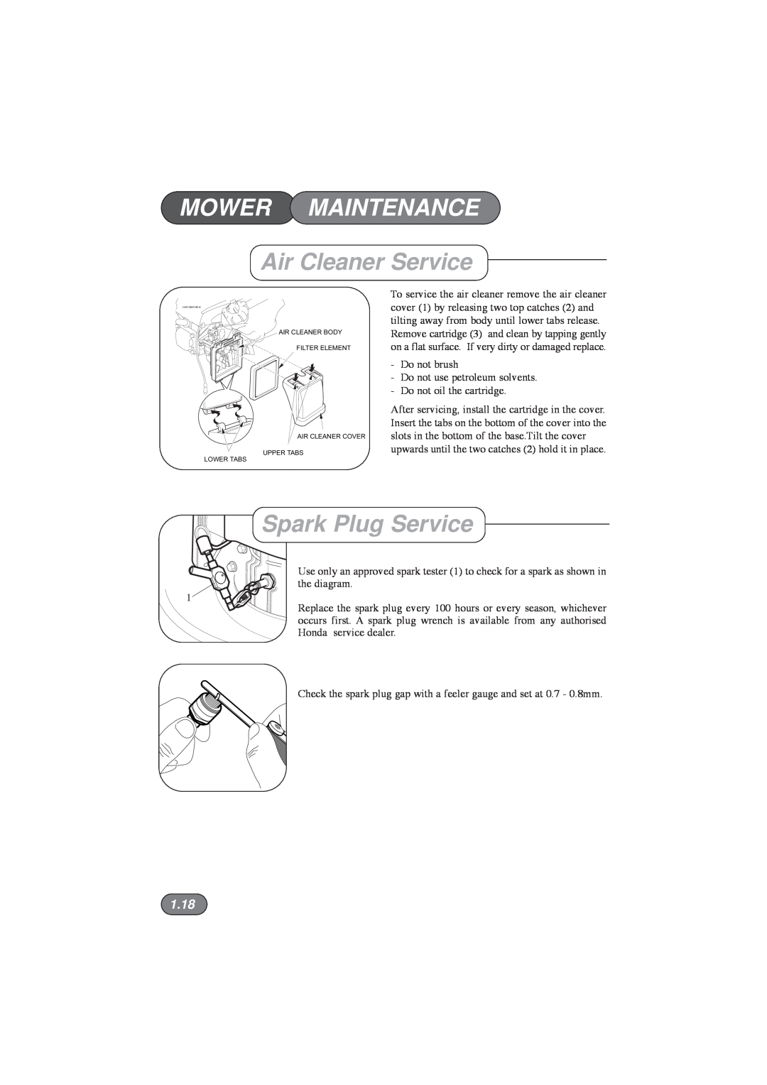Hayter Mowers 185E XR16, 184E XR44 manual Air Cleaner Service, Spark Plug Service, 1.18, Mower Maintenance 