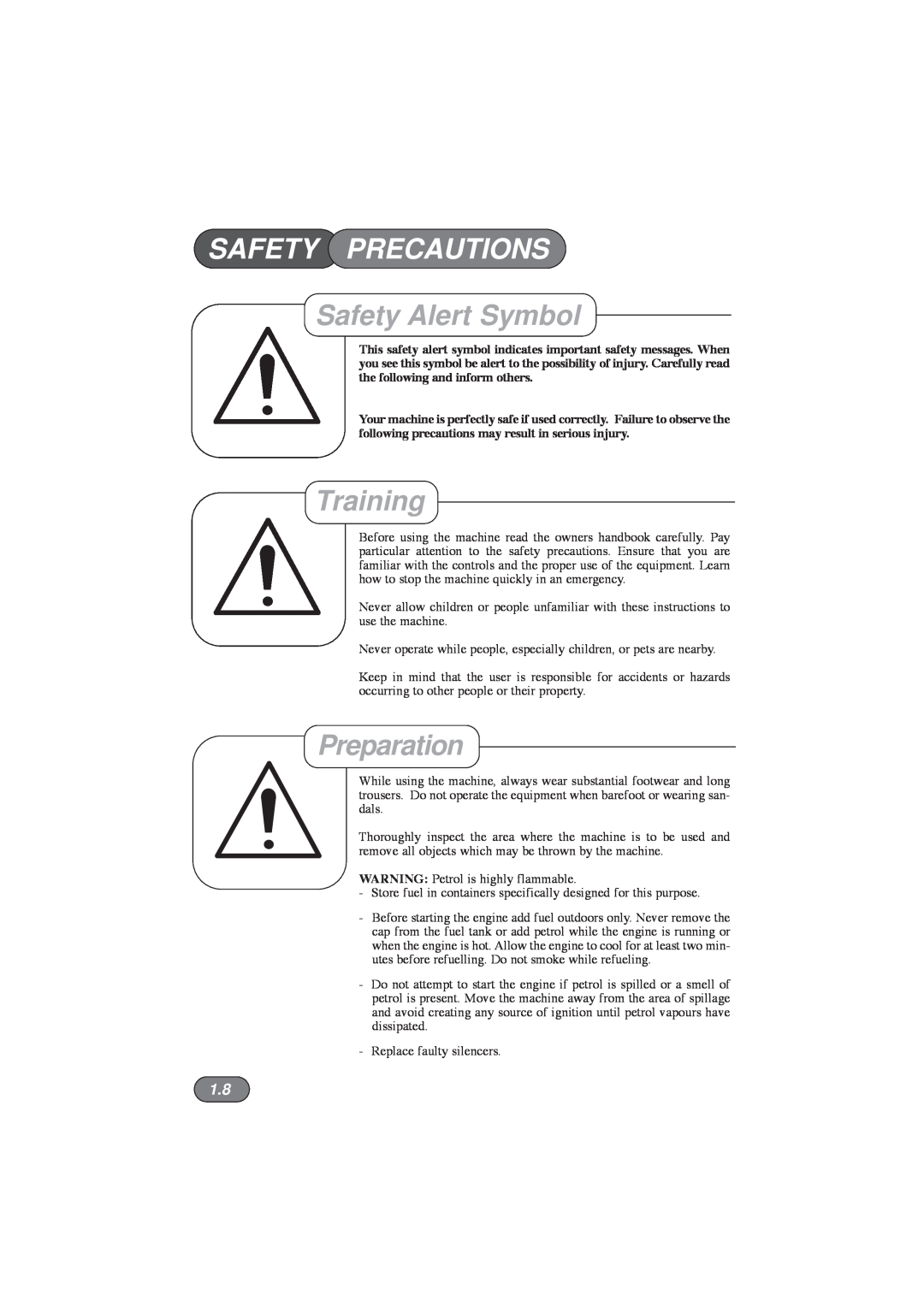 Hayter Mowers 185E XR16, 184E XR44 manual Safety Precautions, Safety Alert Symbol, Training, Preparation 