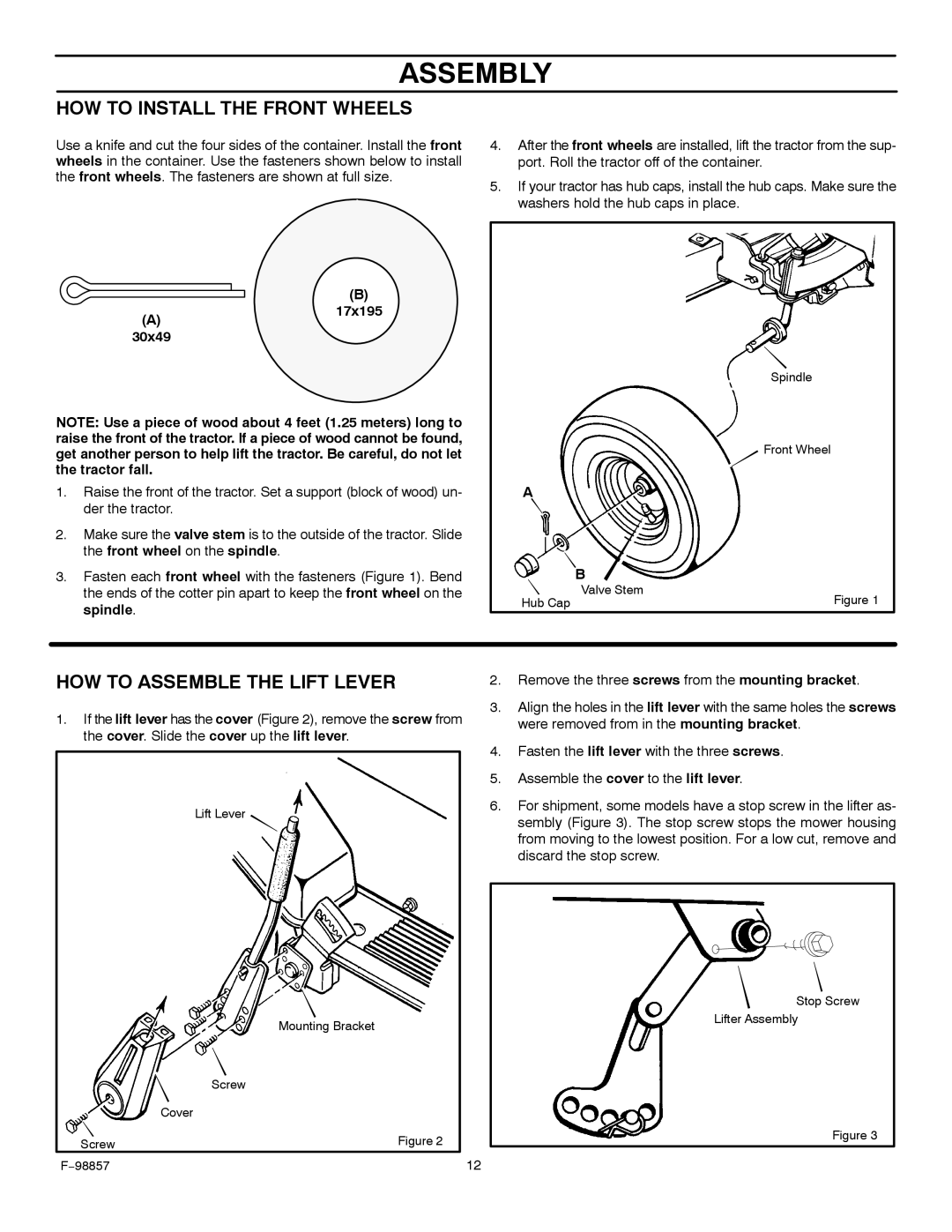 Hayter Mowers 30-Dec manual HOW to Install the Front Wheels, HOW to Assemble the Lift Lever 