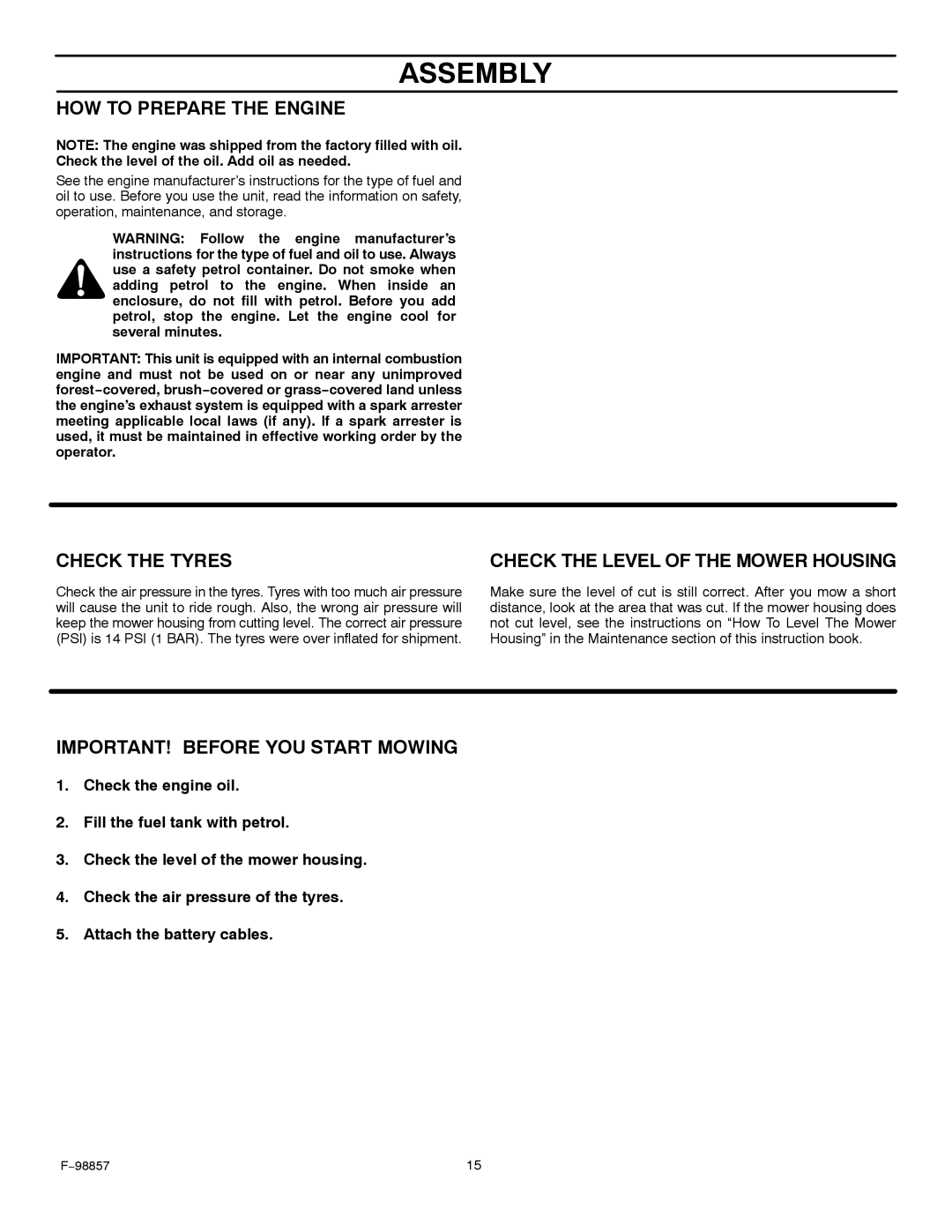 Hayter Mowers 30-Dec manual HOW to Prepare the Engine, Check the Tyres, Check the Level of the Mower Housing 