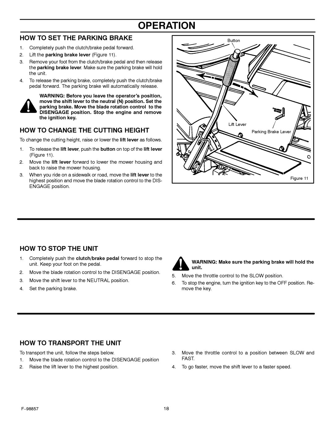 Hayter Mowers 30-Dec manual HOW to SET the Parking Brake, HOW to Change the Cutting Height, HOW to Stop the Unit 