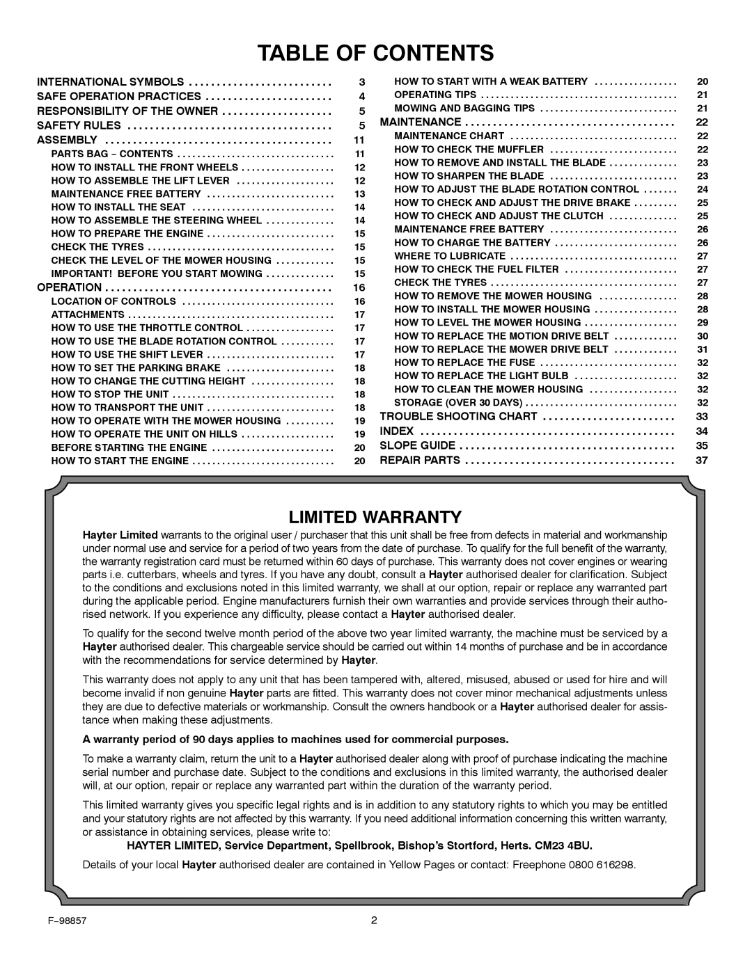 Hayter Mowers 30-Dec manual Table of Contents 