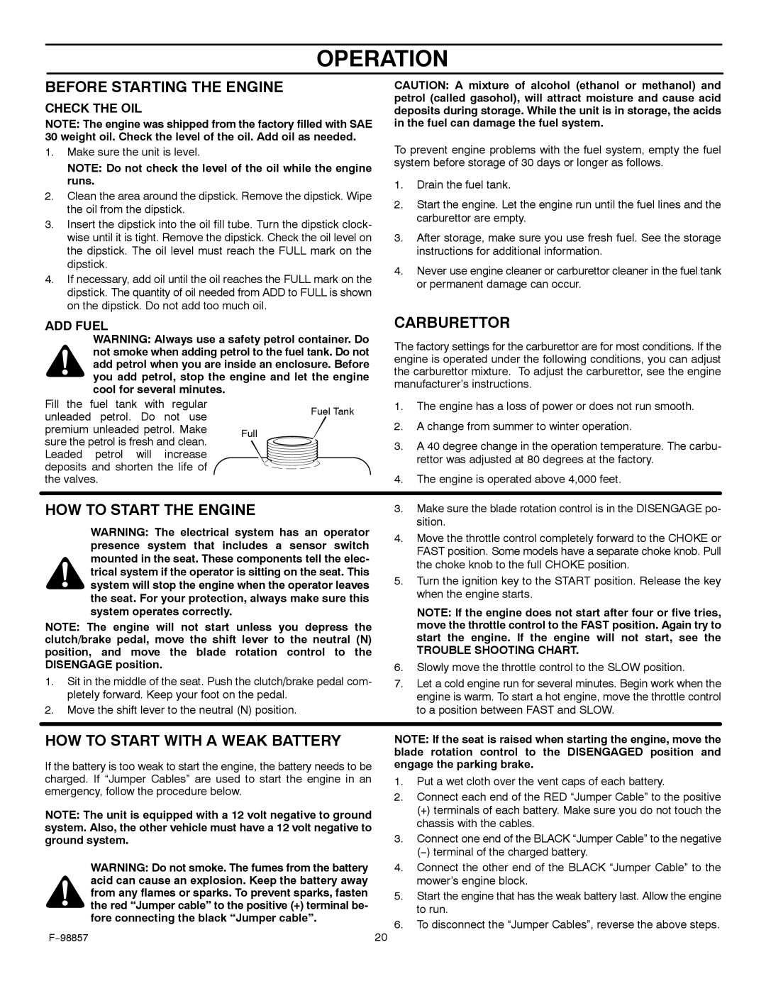 Hayter Mowers 30-Dec Before Starting the Engine, Carburettor, HOW to Start the Engine, HOW to Start with a Weak Battery 