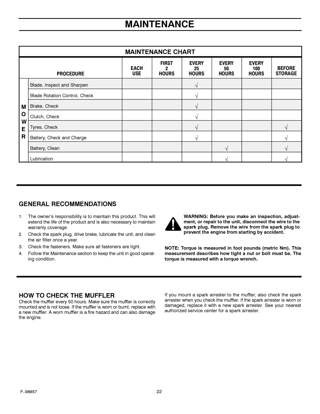 Hayter Mowers 30-Dec manual Maintenance Chart, General Recommendations, HOW to Check the Muffler 