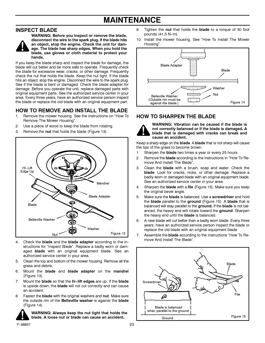 Hayter Mowers 30-Dec manual Inspect Blade, HOW to Remove and Install the Blade, HOW to Sharpen the Blade 