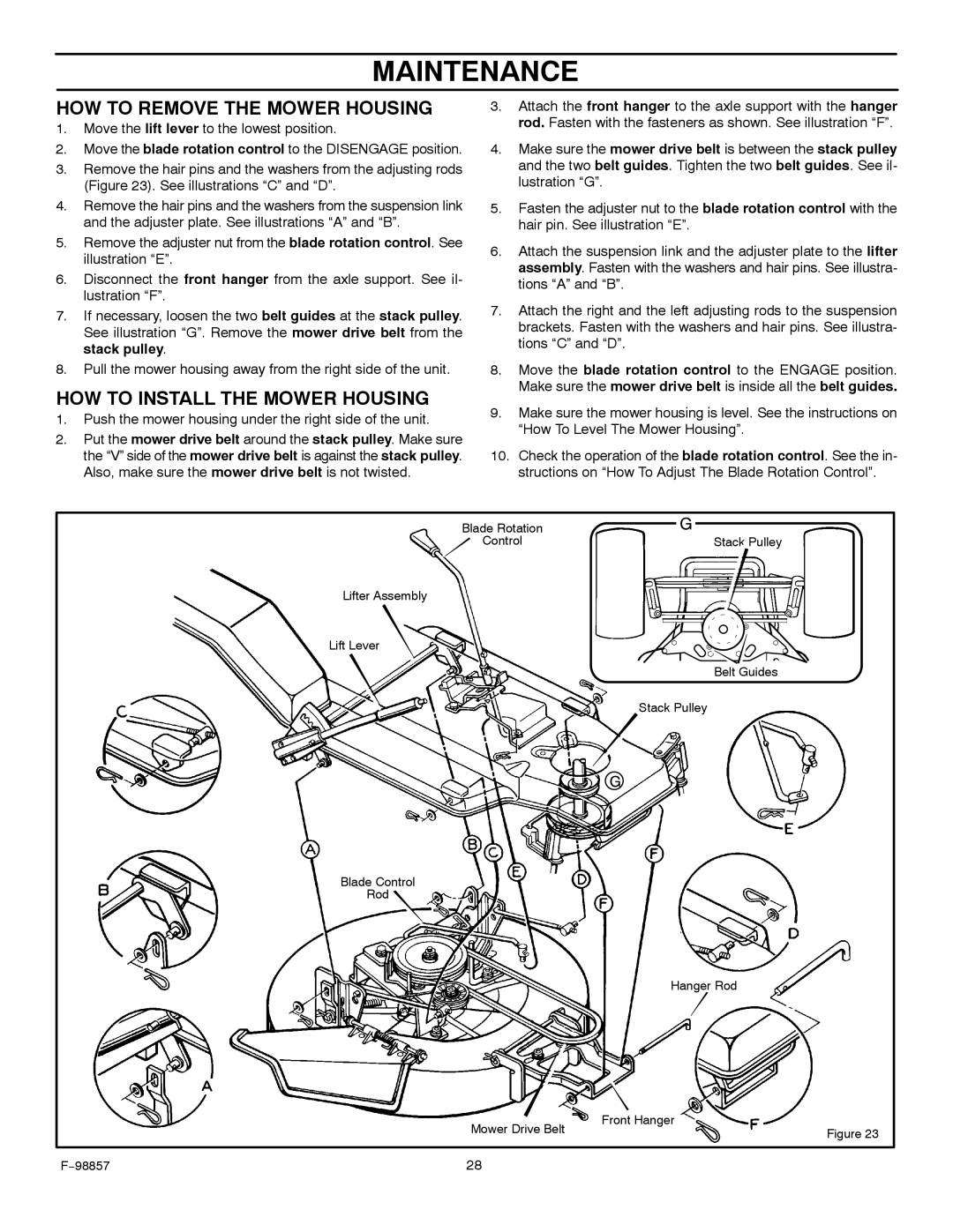 Hayter Mowers 30-Dec manual HOW to Remove the Mower Housing, HOW to Install the Mower Housing 