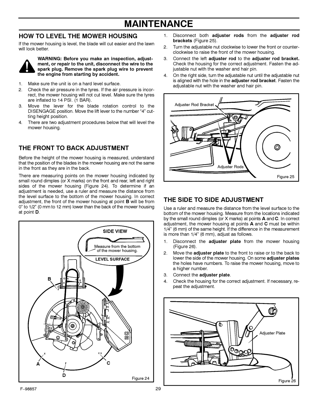 Hayter Mowers 30-Dec manual HOW to Level the Mower Housing, Front to Back Adjustment, Side to Side Adjustment 