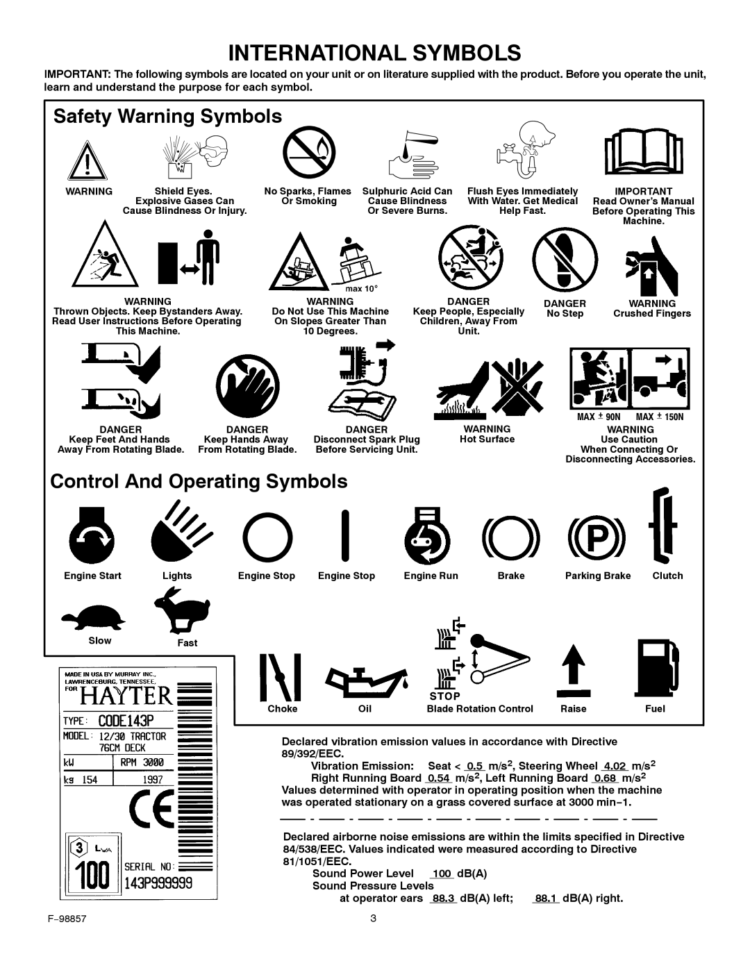 Hayter Mowers 30-Dec manual International Symbols, Safety Warning Symbols 