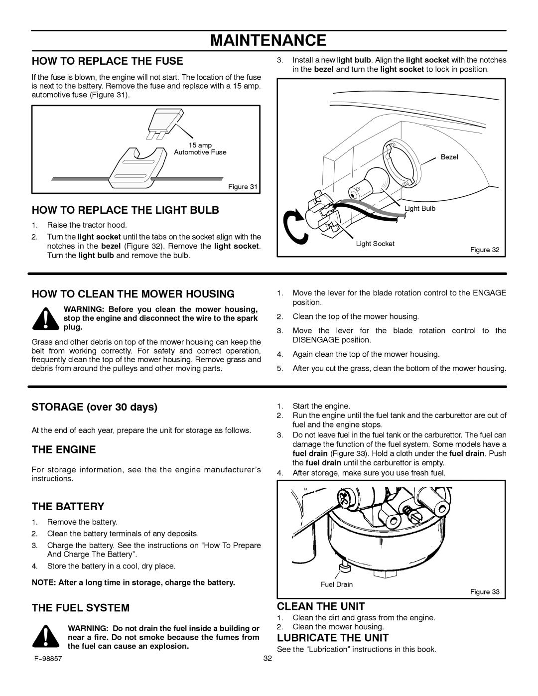 Hayter Mowers 30-Dec manual HOW to Replace the Fuse, HOW to Replace the Light Bulb, HOW to Clean the Mower Housing, Engine 