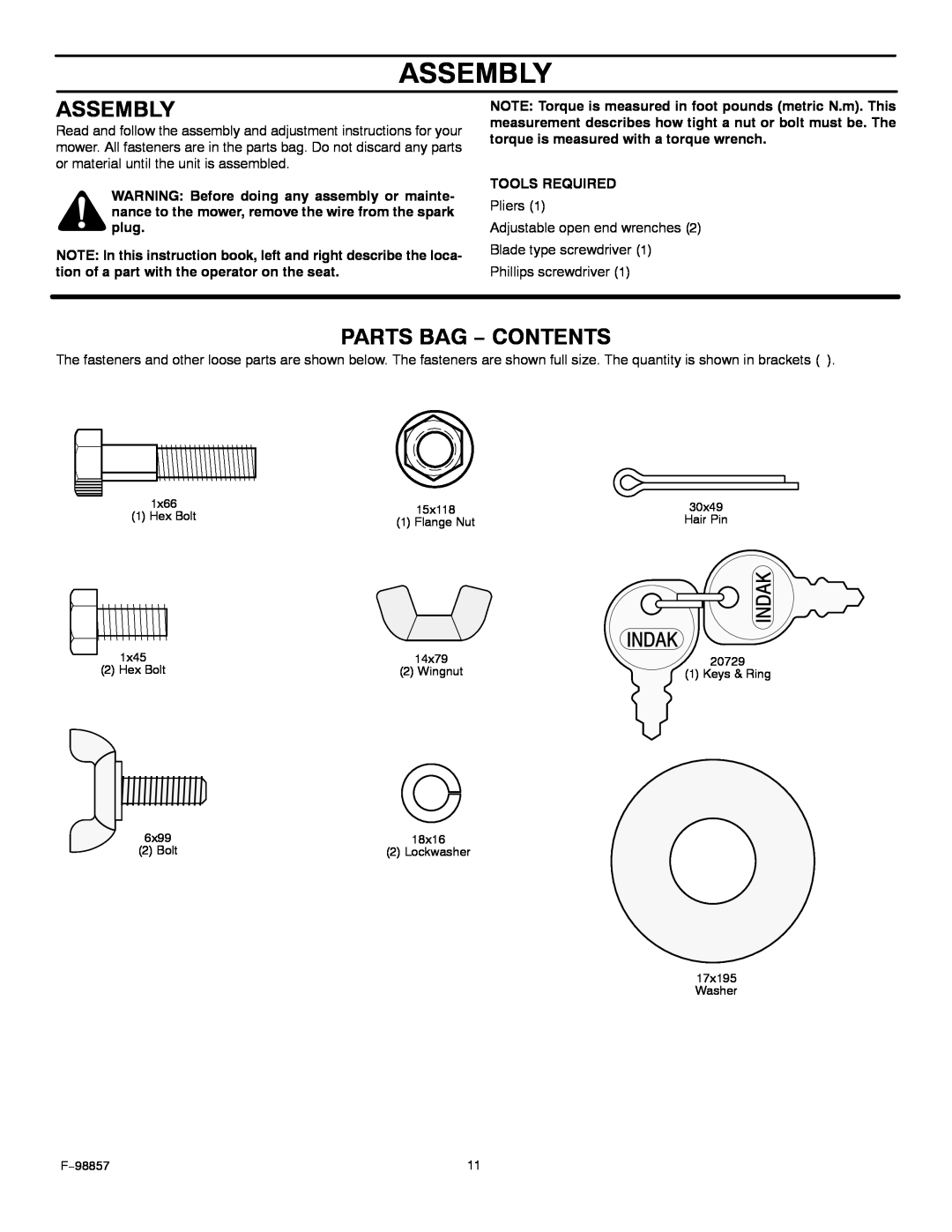Hayter Mowers 30-Dec manual Assembly, Parts Bag − Contents 