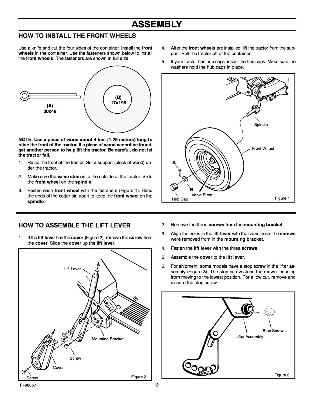 Hayter Mowers 30-Dec manual How To Install The Front Wheels, How To Assemble The Lift Lever, Assembly, B A17x195 