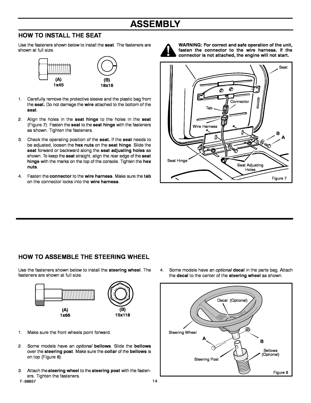 Hayter Mowers 30-Dec manual How To Install The Seat, How To Assemble The Steering Wheel, Assembly 