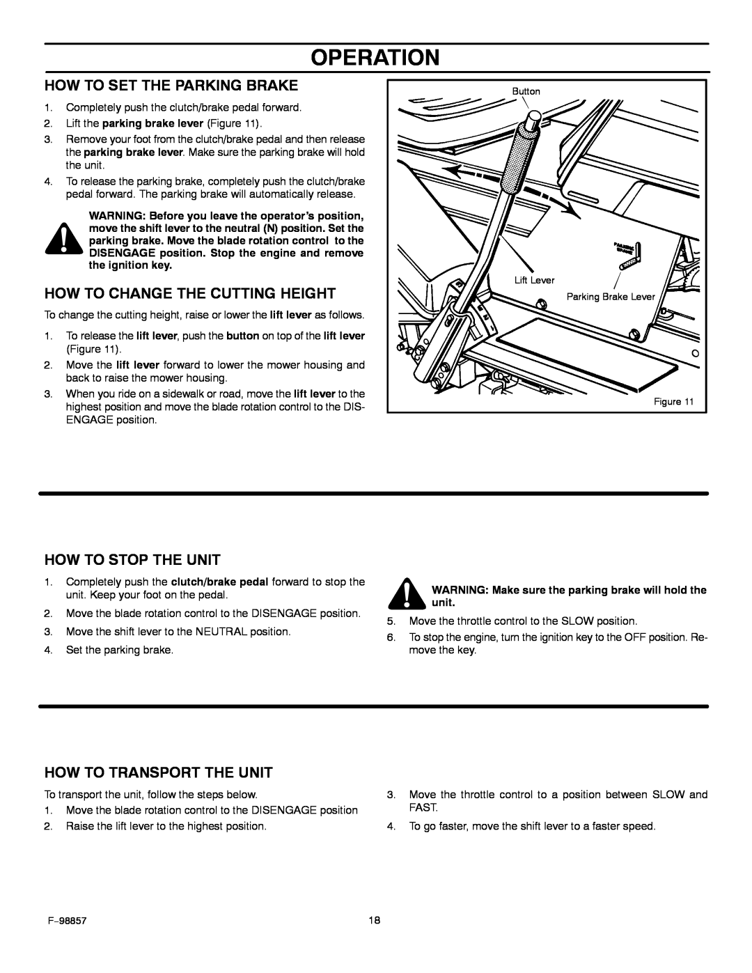 Hayter Mowers 30-Dec manual How To Set The Parking Brake, How To Change The Cutting Height, How To Stop The Unit, Operation 