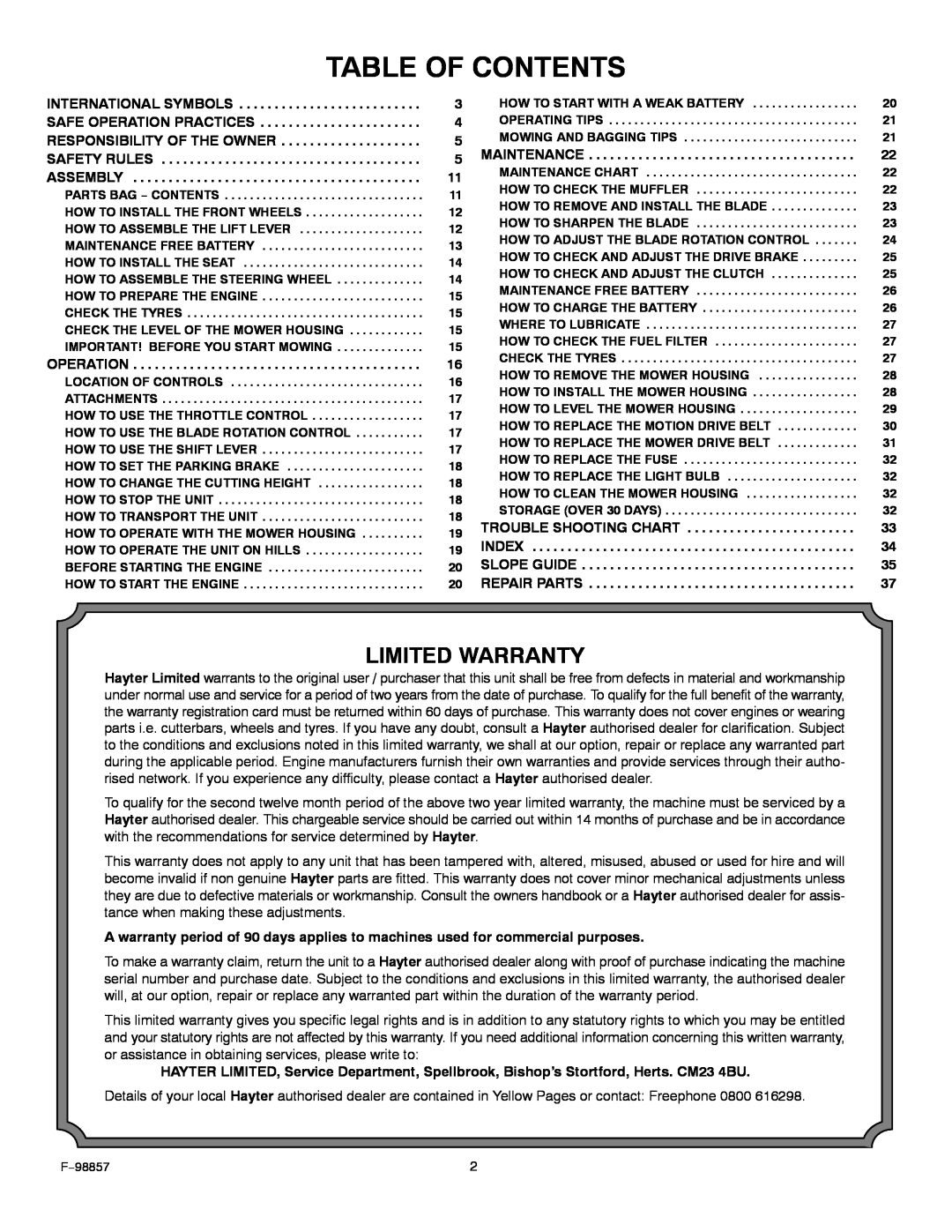 Hayter Mowers 30-Dec manual Table Of Contents, Limited Warranty 