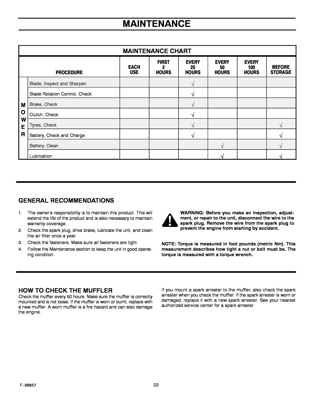 Hayter Mowers 30-Dec manual Maintenance Chart, General Recommendations, How To Check The Muffler 