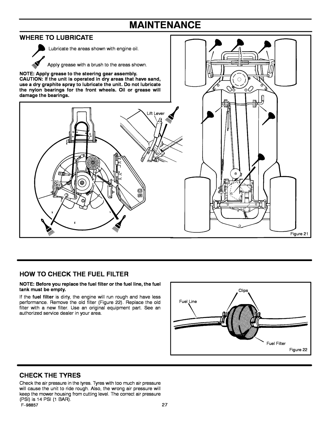 Hayter Mowers 30-Dec manual Where To Lubricate, How To Check The Fuel Filter, Maintenance, Check The Tyres 