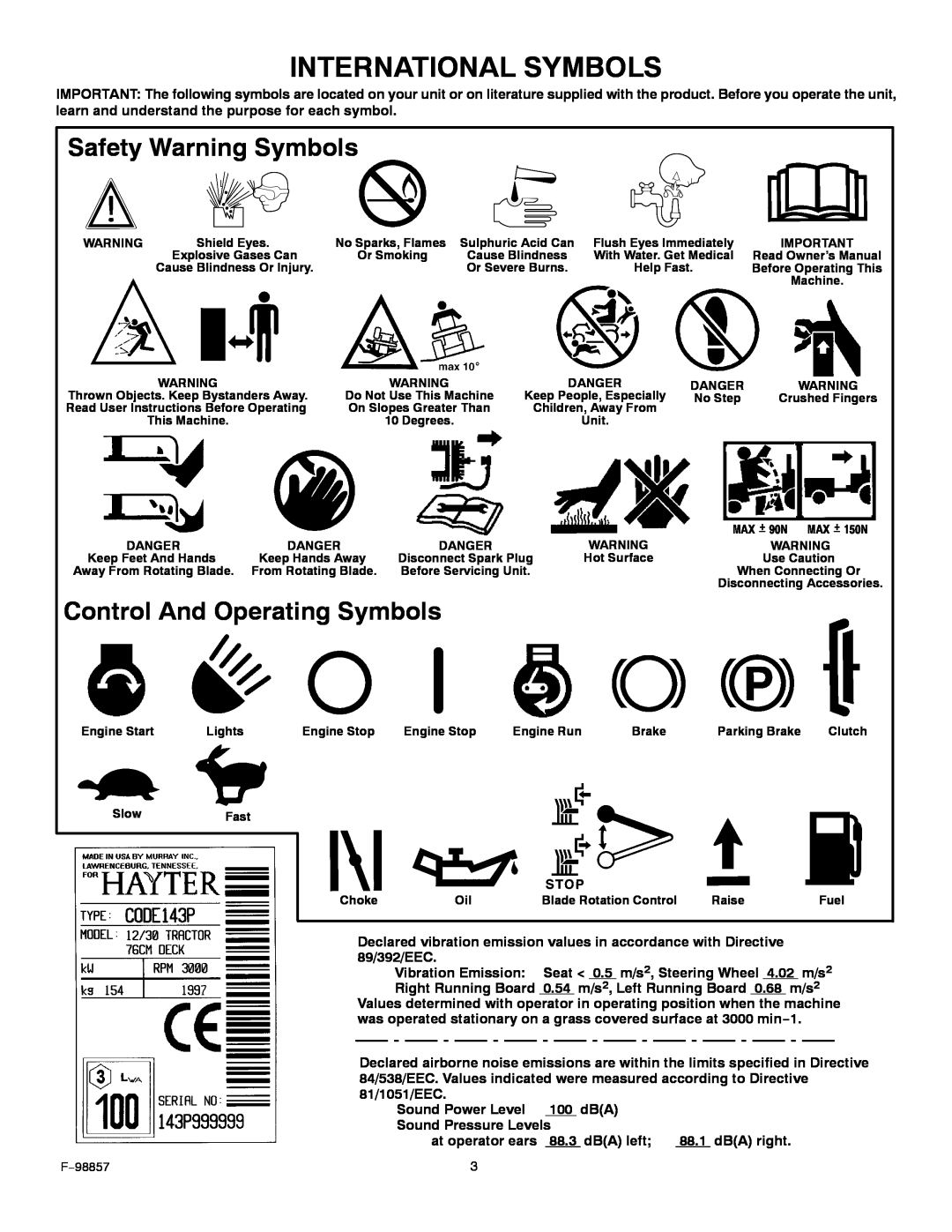 Hayter Mowers 30-Dec manual International Symbols, Safety Warning Symbols, Control And Operating Symbols 