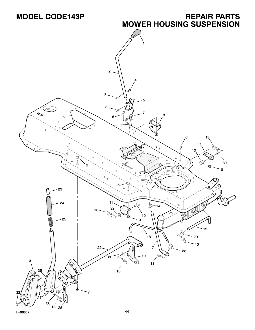 Hayter Mowers 30-Dec manual Mower Housing Suspension, MODEL CODE143P, Repair Parts, F−98857 