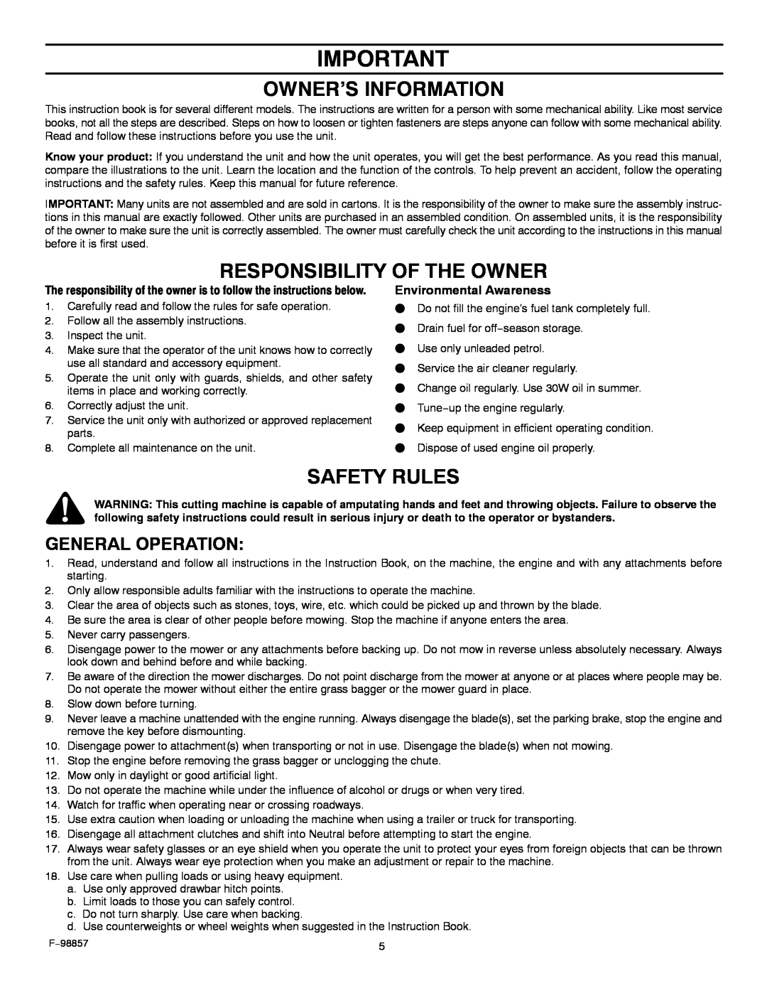 Hayter Mowers 30-Dec manual Owner’S Information, Responsibility Of The Owner, Safety Rules, General Operation 