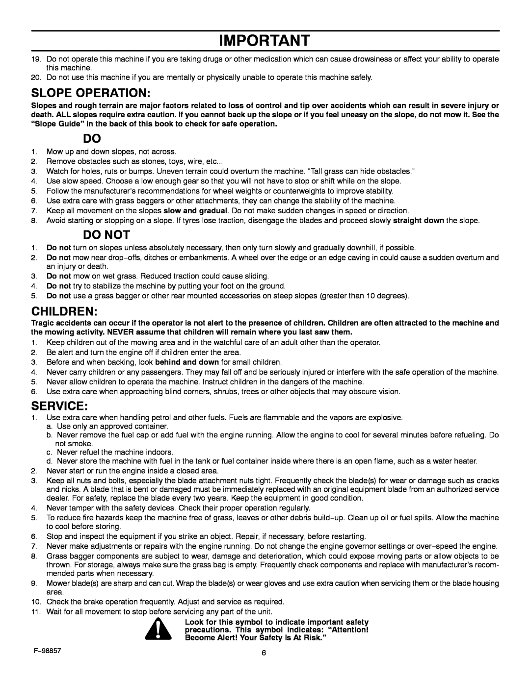 Hayter Mowers 30-Dec manual Slope Operation, Do Not, Children, Service 