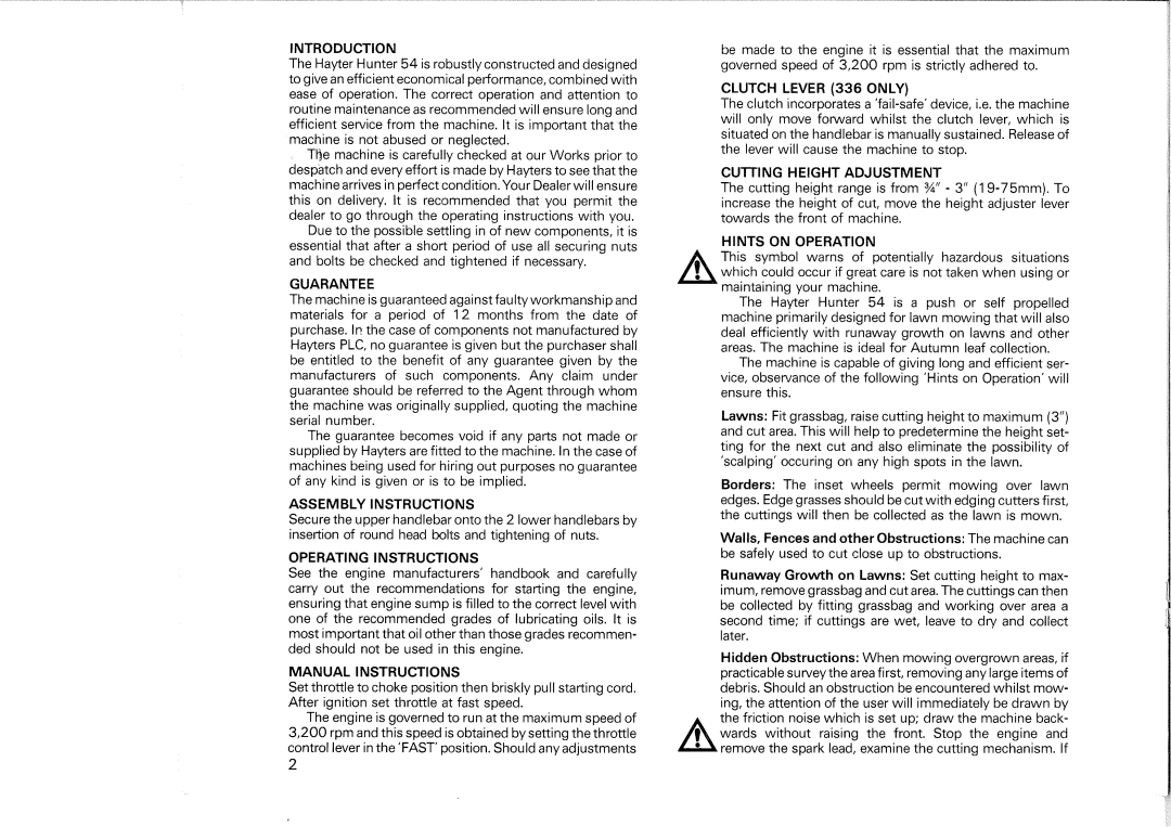 Hayter Mowers 335 001001, 336 001001 manual 