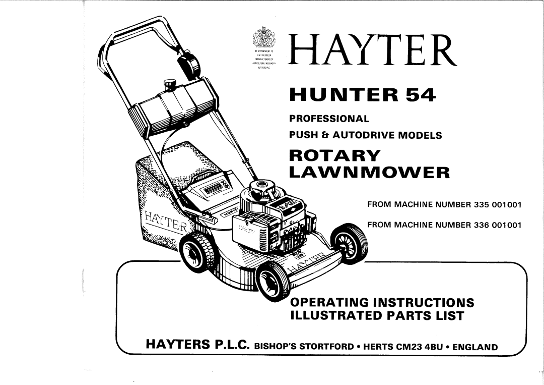 Hayter Mowers 335 001001, 336 001001 manual 