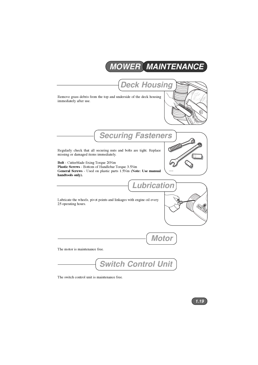 Hayter Mowers 36 manual Mower Maintenance 