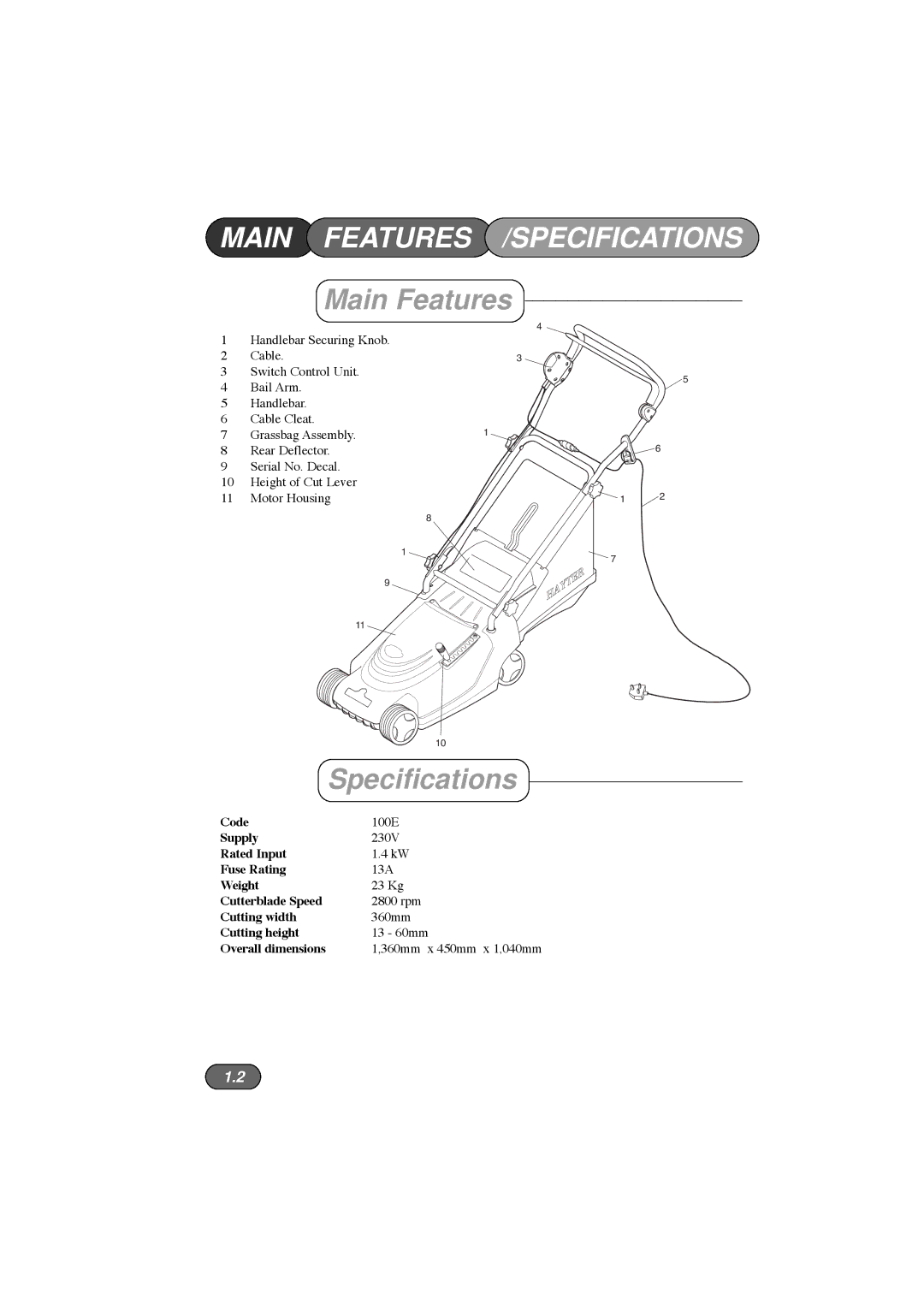 Hayter Mowers 36 manual Main Features /SPECIFICATIONS, Specifications 