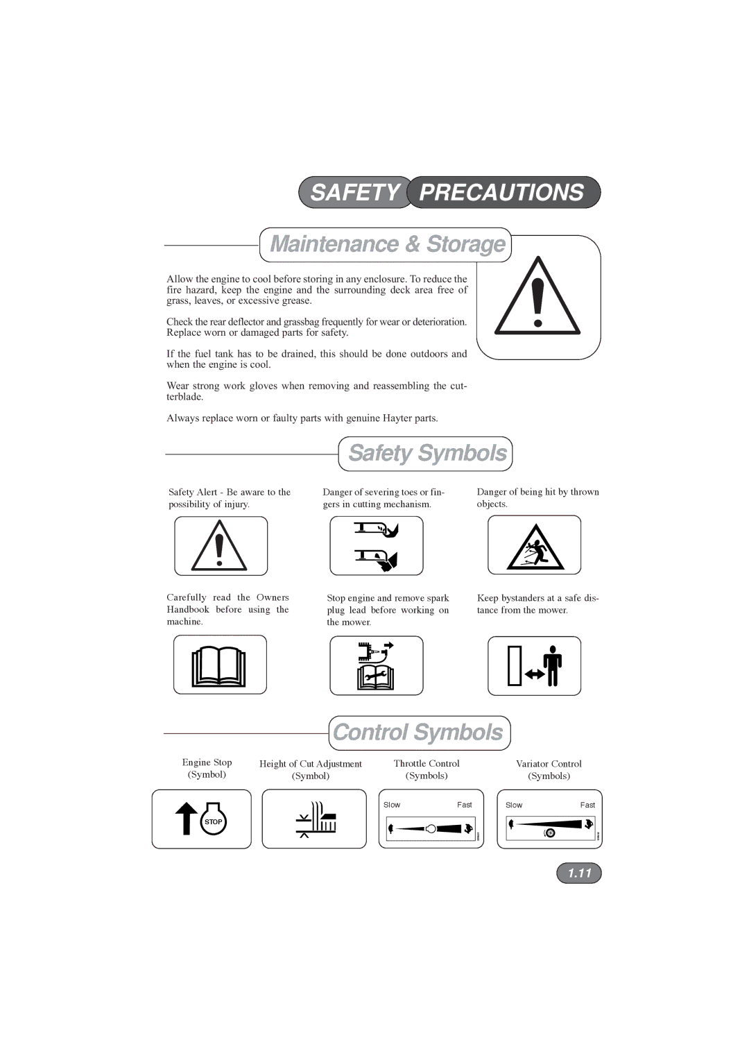 Hayter Mowers 396E manual Safety Symbols, Control Symbols 