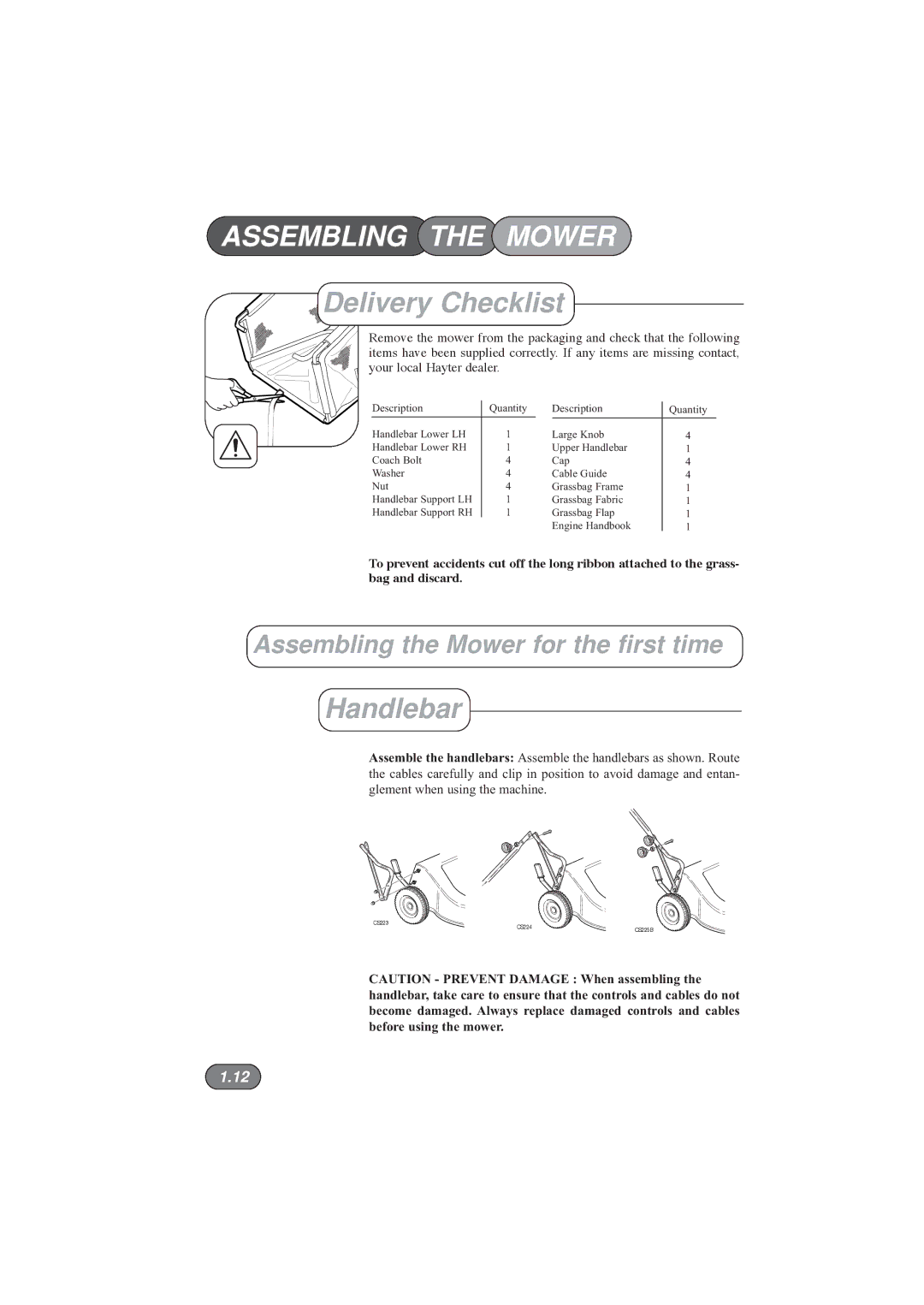 Hayter Mowers 396E manual Assembling the Mower, Delivery Checklist, Handlebar 