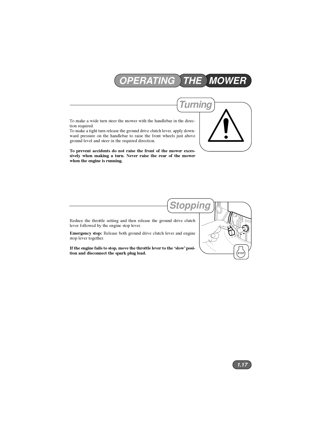 Hayter Mowers 396E manual Turning, Stopping 