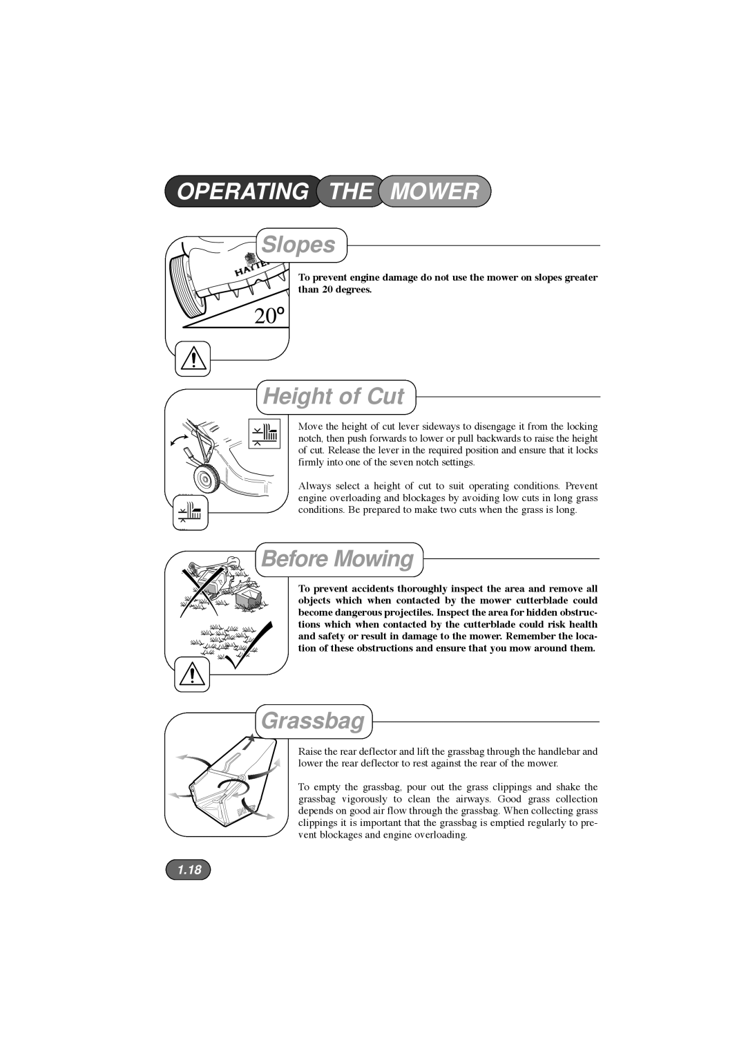 Hayter Mowers 396E manual Slopes, Height of Cut, Before Mowing, Grassbag 