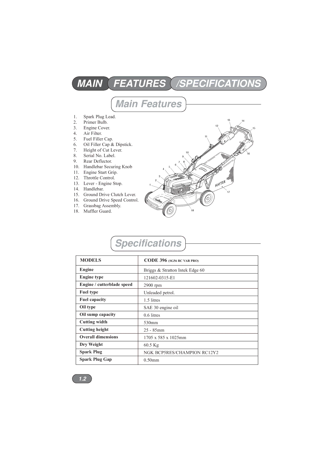 Hayter Mowers 396E manual Main Features /SPECIFICATIONS, Specifications 