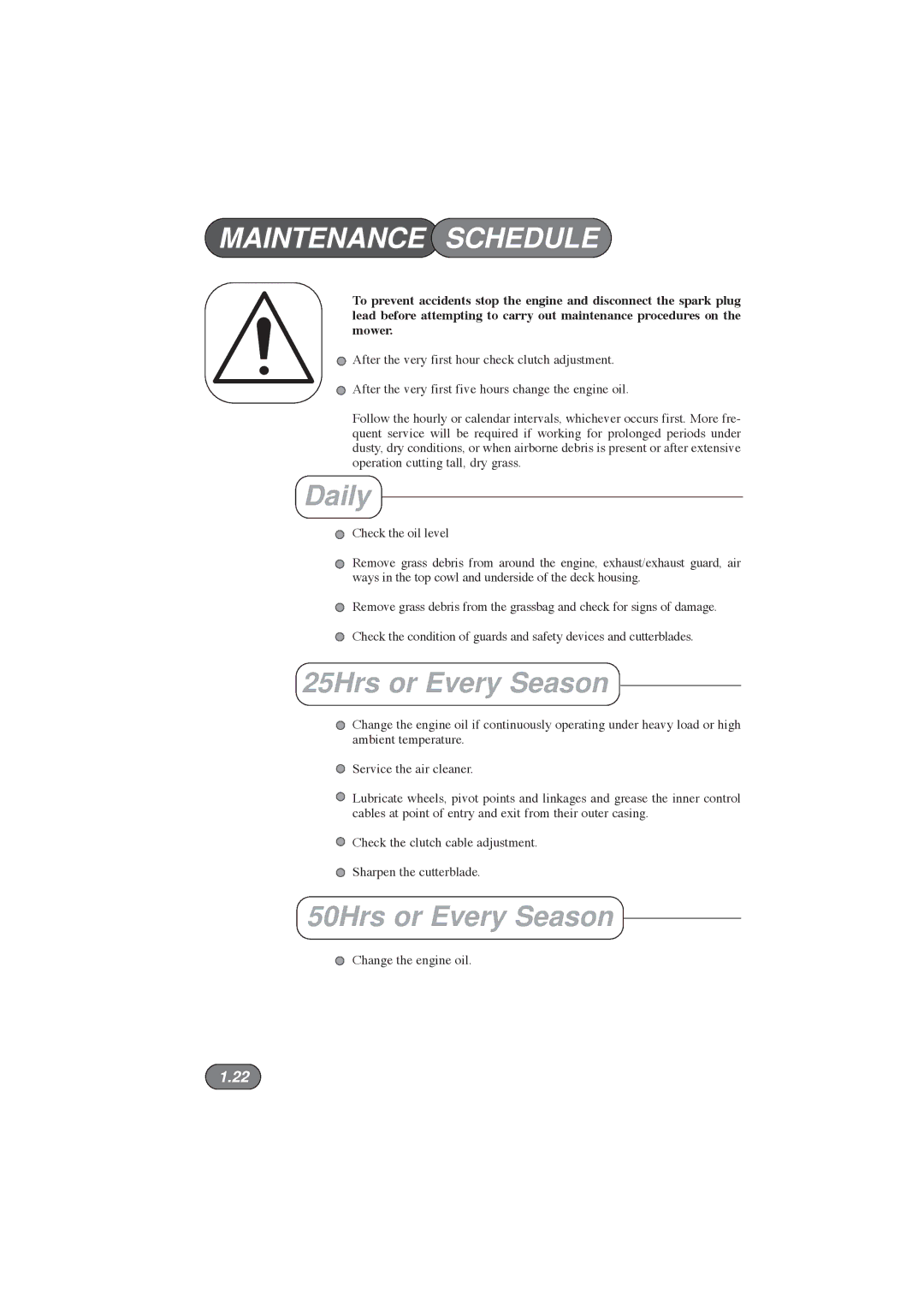 Hayter Mowers 396E manual Maintenance Schedule, Daily, 25Hrs or Every Season, 50Hrs or Every Season 