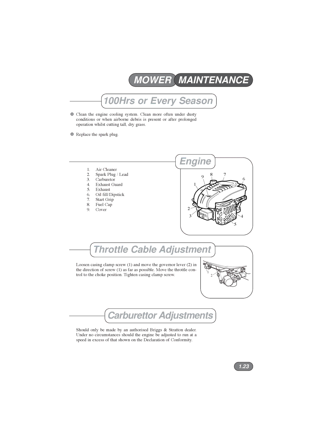 Hayter Mowers 396E Mower Maintenance, 100Hrs or Every Season, Engine, Throttle Cable Adjustment, Carburettor Adjustments 