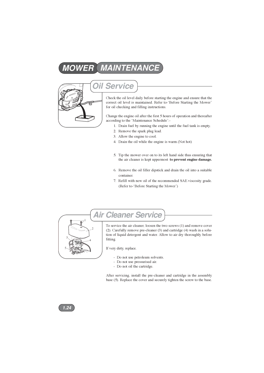 Hayter Mowers 396E manual Oil Service, Air Cleaner Service 