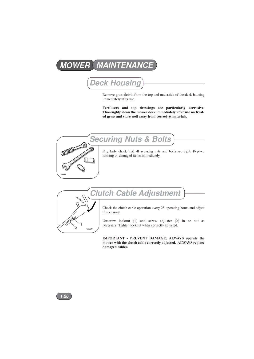 Hayter Mowers 396E manual Deck Housing, Securing Nuts & Bolts, Clutch Cable Adjustment 