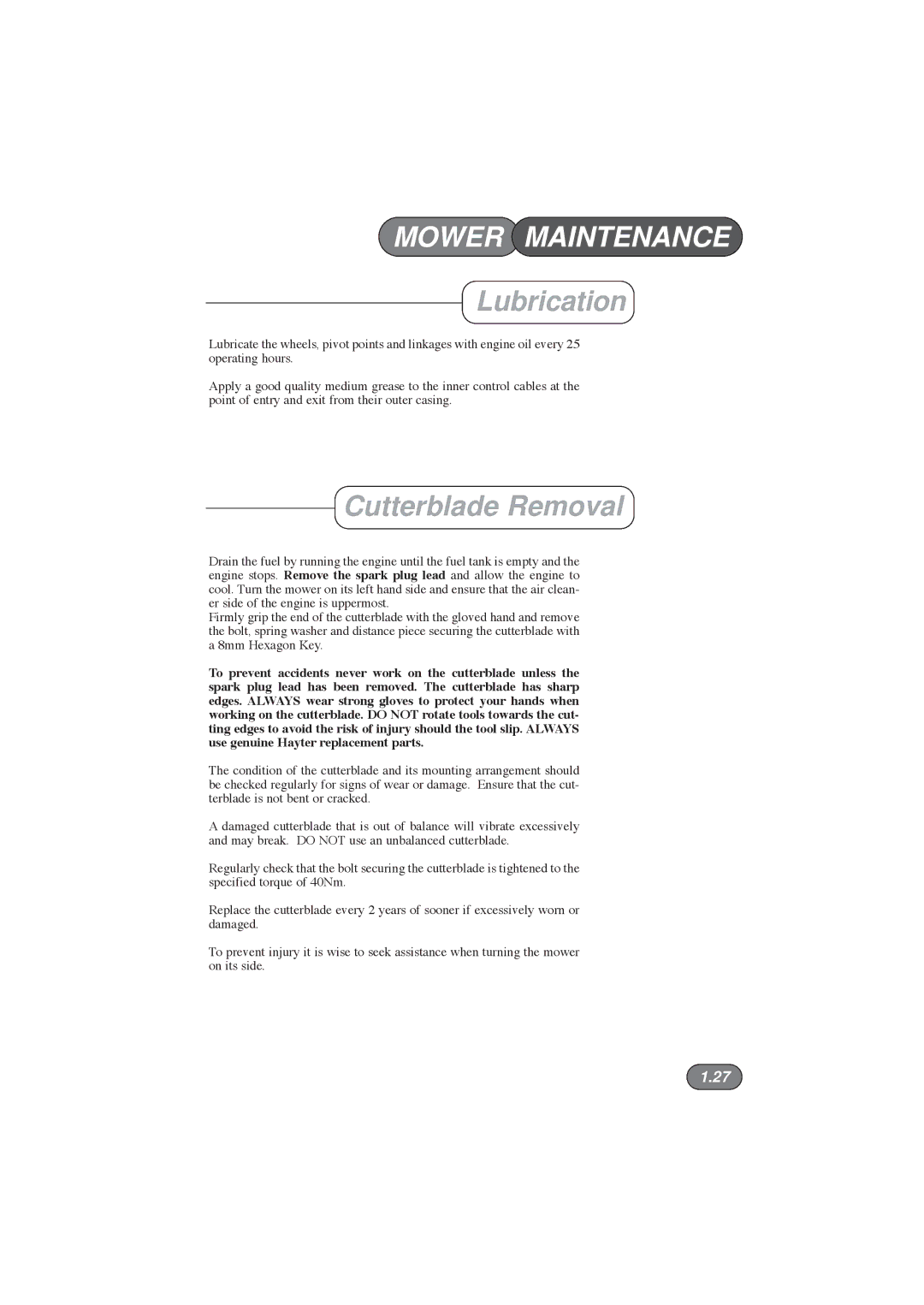 Hayter Mowers 396E manual Lubrication, Cutterblade Removal 