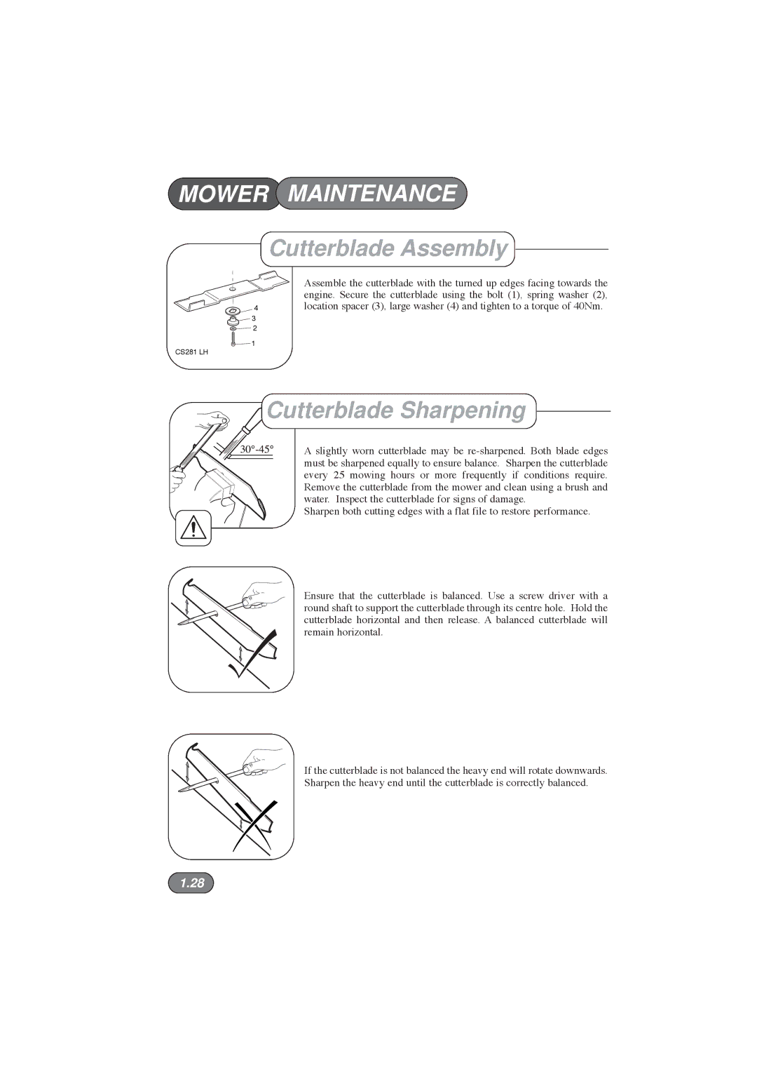 Hayter Mowers 396E manual Cutterblade Assembly, Cutterblade Sharpening 