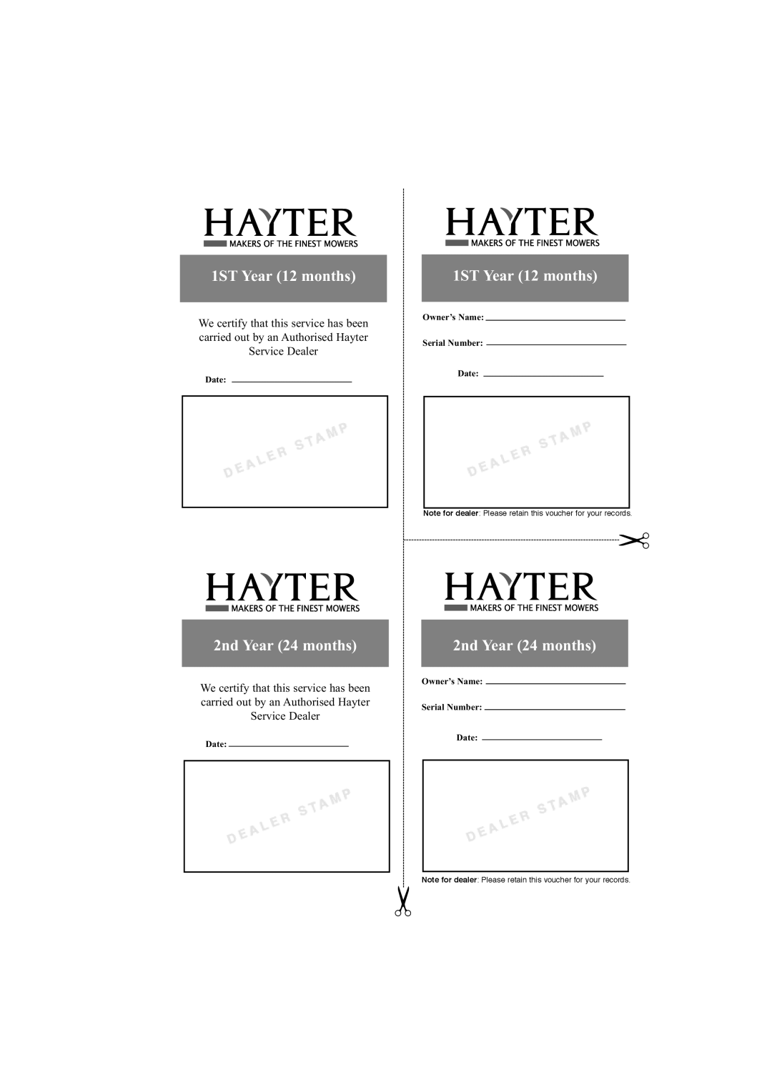 Hayter Mowers 396E manual 1ST Year 12 months 