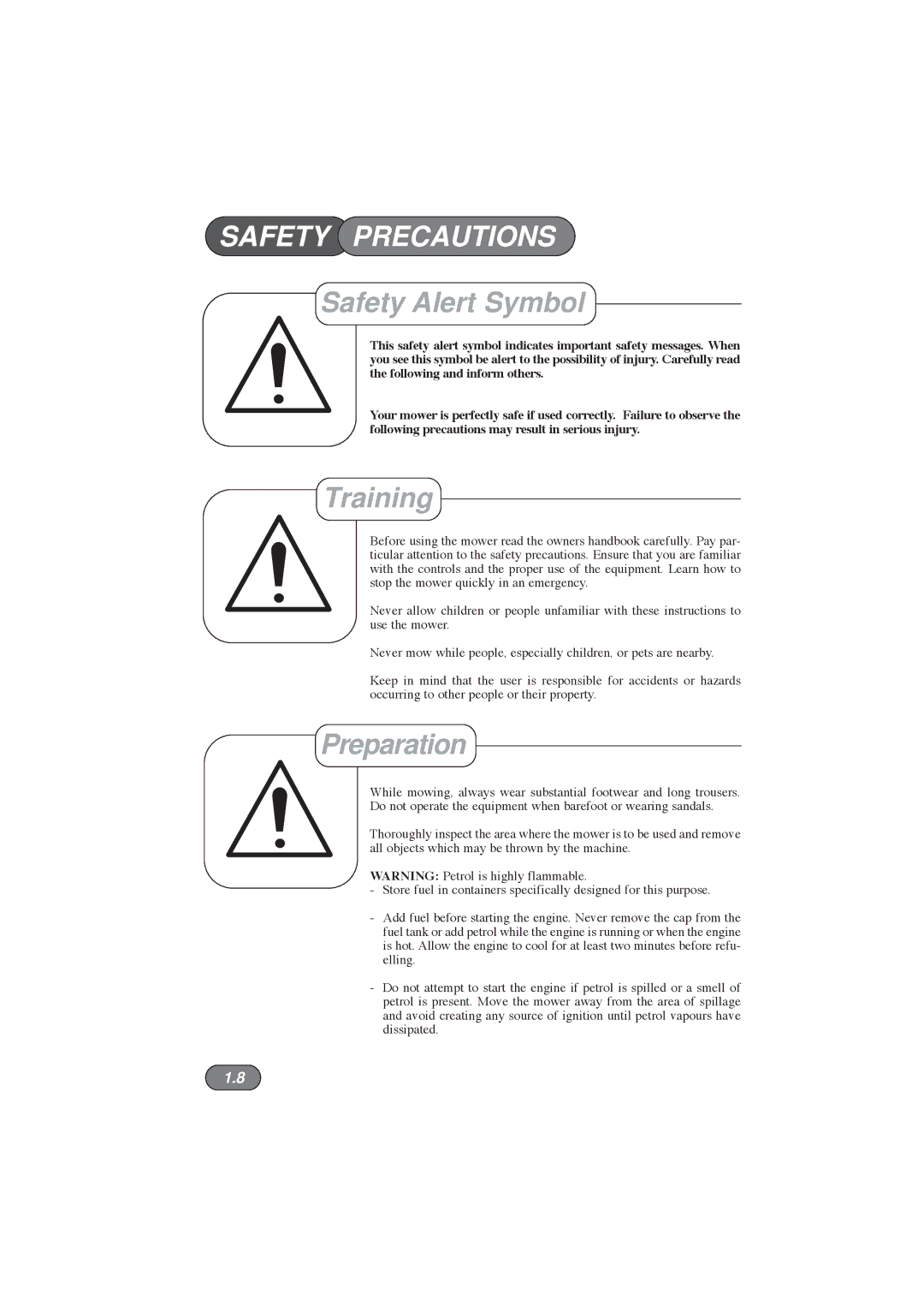 Hayter Mowers 396E manual Safety Precautions, Safety Alert Symbol, Training, Preparation 