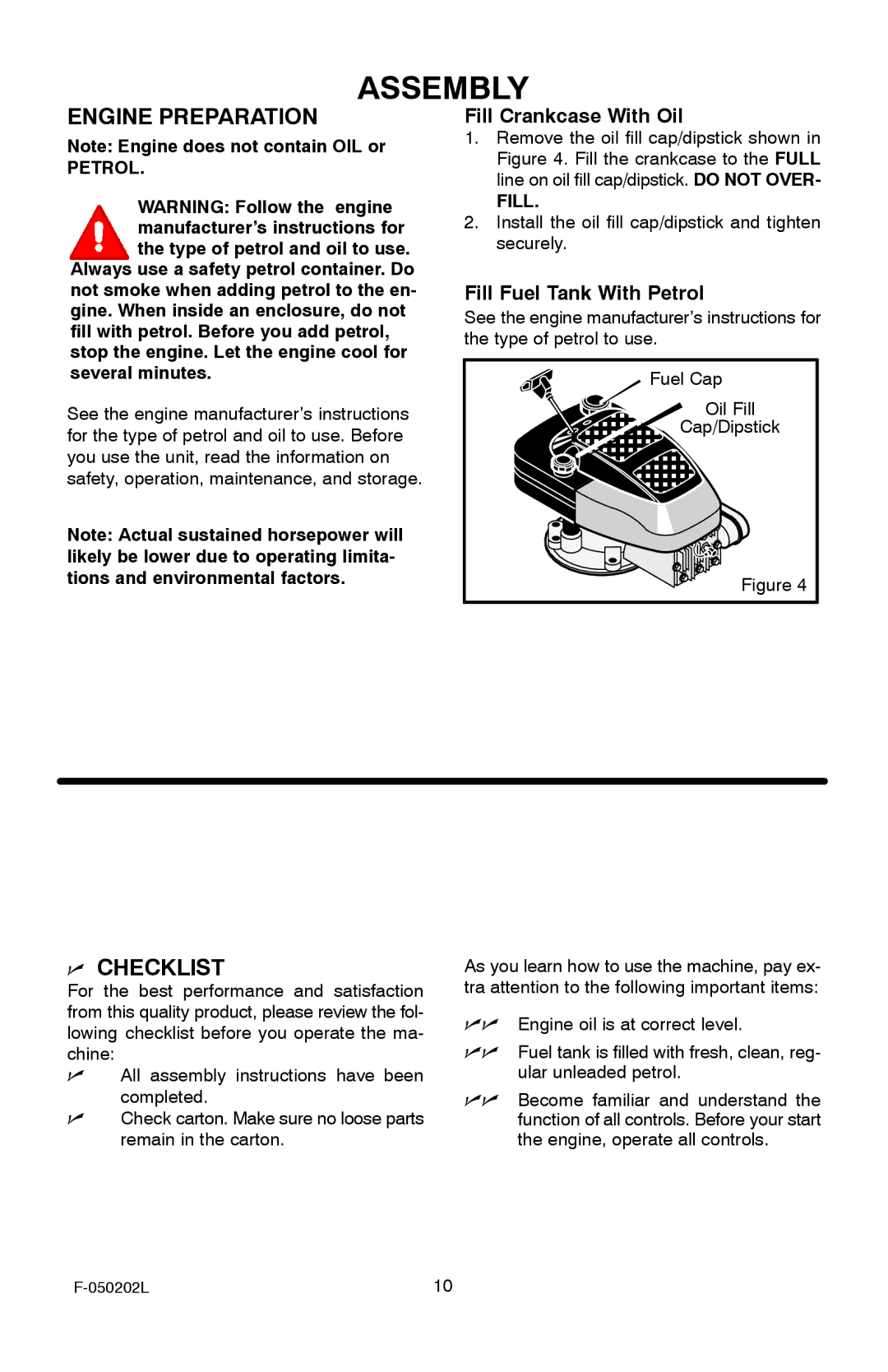 Hayter Mowers 401C001001 manual Engine Preparation, Fill Crankcase With Oil, Fill Fuel Tank With Petrol 